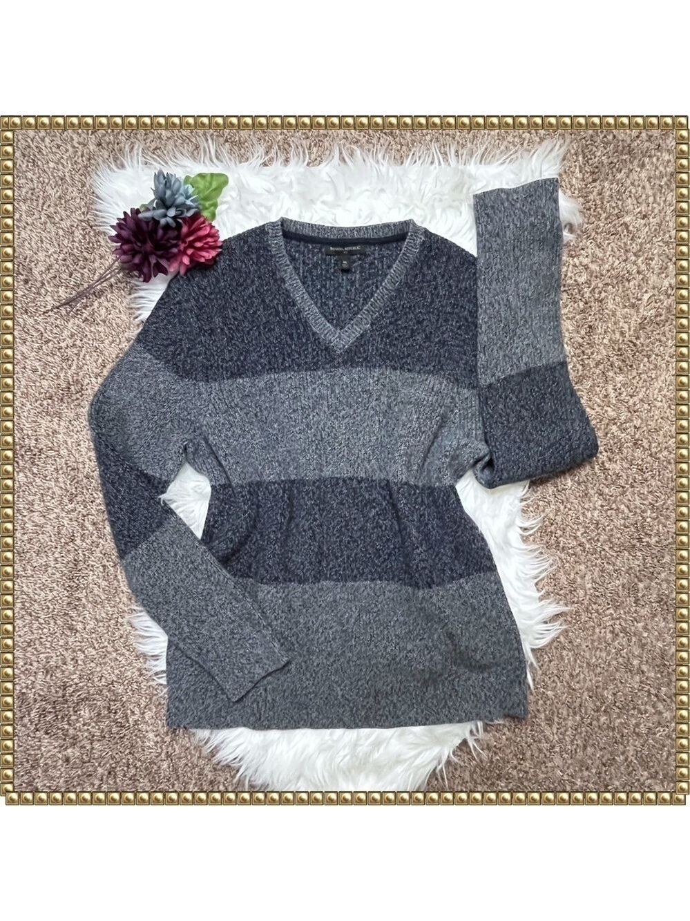 Banana Republic Colorblock Striped Cotton V Neck Sweater XL